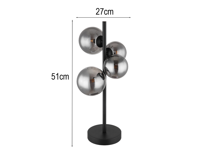 Große Tischleuchte RIHA Schwarz 4-flammig mit Glaskugeln Rauchglas, Höhe 51cm