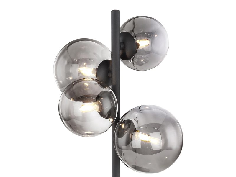 Große Tischleuchte RIHA Schwarz 4-flammig mit Glaskugeln Rauchglas, Höhe 51cm
