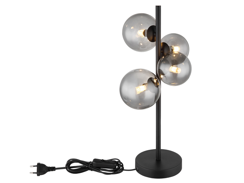 Große Tischleuchte RIHA Schwarz 4-flammig mit Glaskugeln Rauchglas, Höhe 51cm