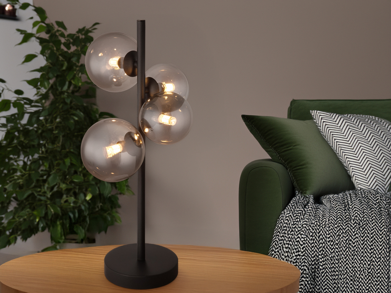 Große Tischleuchte RIHA Schwarz 4-flammig mit Glaskugeln Rauchglas, Höhe 51cm