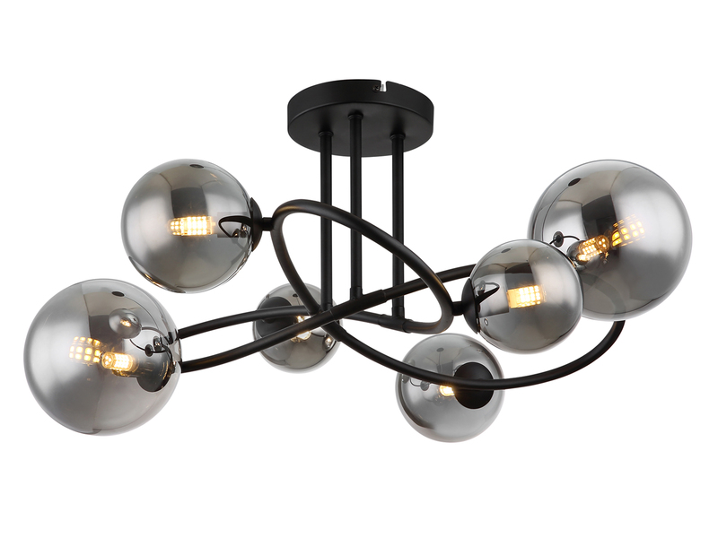 Große Deckenleuchte RIHA Schwarz 6-flammig mit Glaskugeln Rauchglas, Ø 65cm