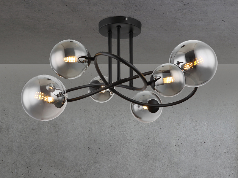 Große Deckenleuchte RIHA Schwarz 6-flammig mit Glaskugeln Rauchglas, Ø 65cm