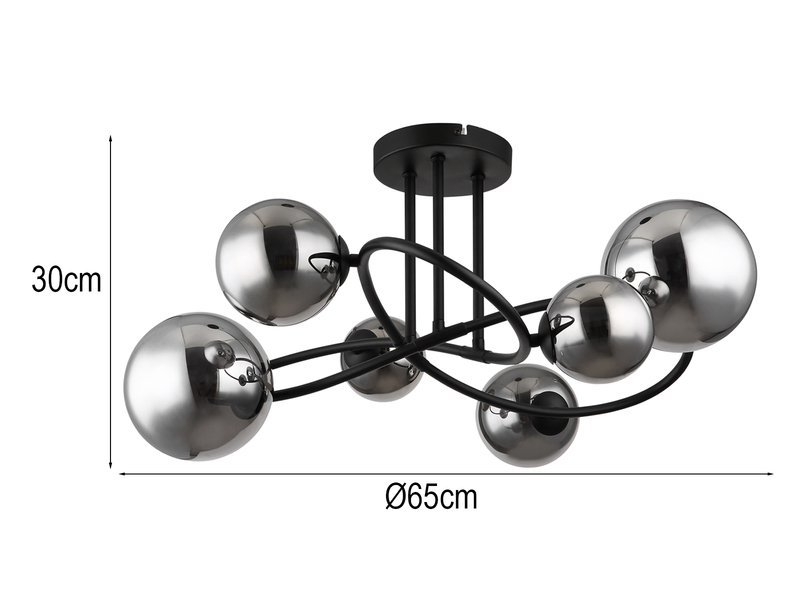 Große Deckenleuchte RIHA Schwarz 6-flammig mit Glaskugeln Rauchglas, Ø 65cm