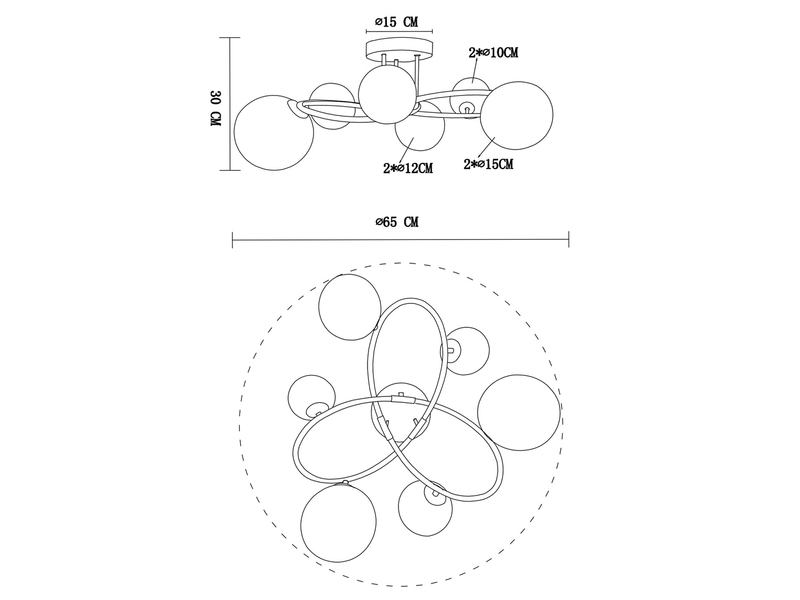 Große Deckenleuchte RIHA Schwarz 6-flammig mit Glaskugeln Rauchglas, Ø 65cm