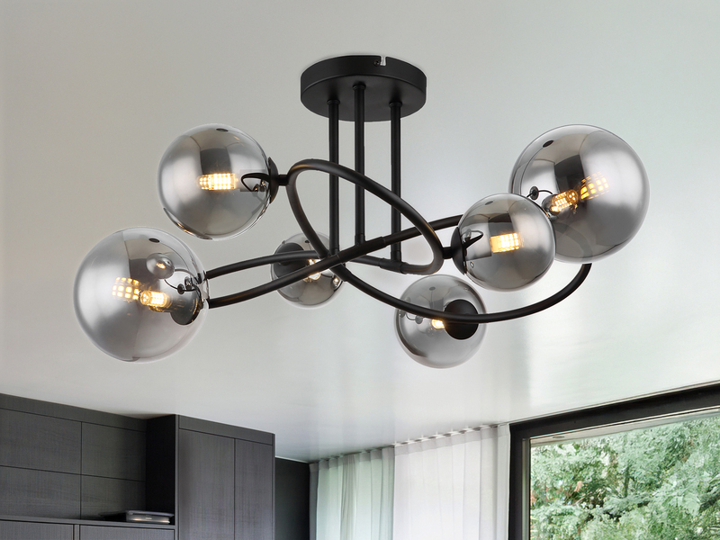 Große Deckenleuchte RIHA Schwarz 6-flammig mit Glaskugeln Rauchglas, Ø 65cm