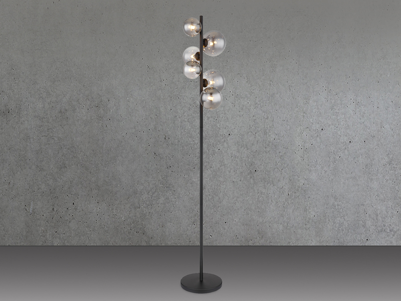 Stehleuchte RIHA Schwarz 6-flammig mit Glaskugeln Rauchglas, Höhe 155cm