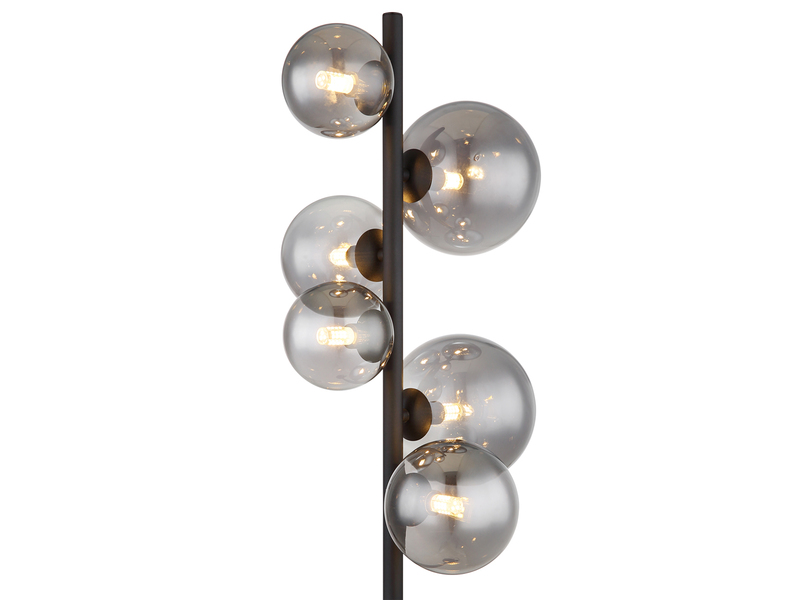 Stehleuchte RIHA Schwarz 6-flammig mit Glaskugeln Rauchglas, Höhe 155cm