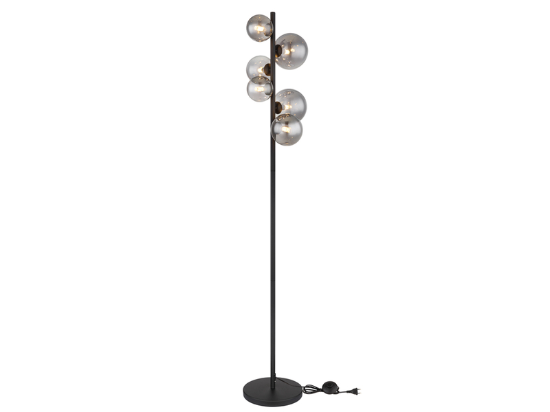 Stehleuchte RIHA Schwarz 6-flammig mit Glaskugeln Rauchglas, Höhe 155cm