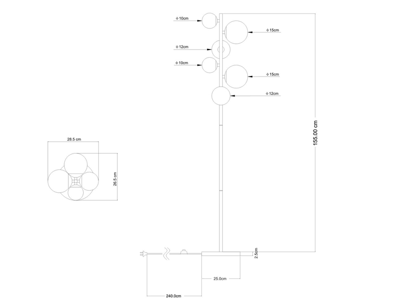 Stehleuchte RIHA Schwarz 6-flammig mit Glaskugeln Rauchglas, Höhe 155cm