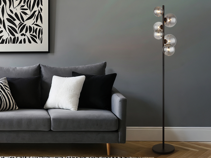 Stehleuchte RIHA Schwarz 6-flammig mit Glaskugeln Rauchglas, Höhe 155cm