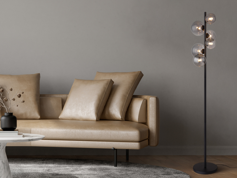 Stehleuchte RIHA Schwarz 6-flammig mit Glaskugeln Rauchglas, Höhe 155cm
