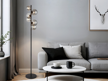 Stehleuchte RIHA Schwarz 6-flammig mit Glaskugeln Rauchglas, Höhe 155cm