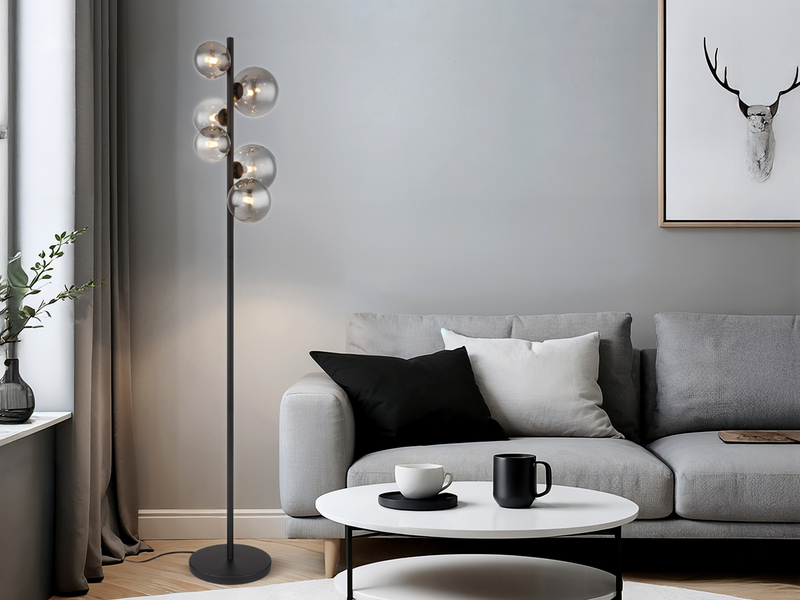 Stehleuchte RIHA Schwarz 6-flammig mit Glaskugeln Rauchglas, Höhe 155cm