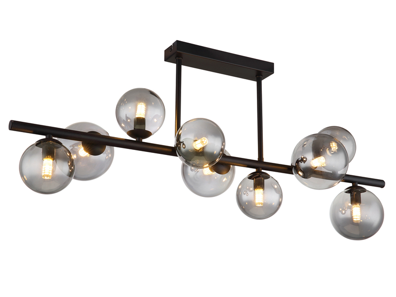 Große Deckenleuchte RIHA Schwarz 9-flammig mit Glaskugeln Rauchglas, B: 87cm