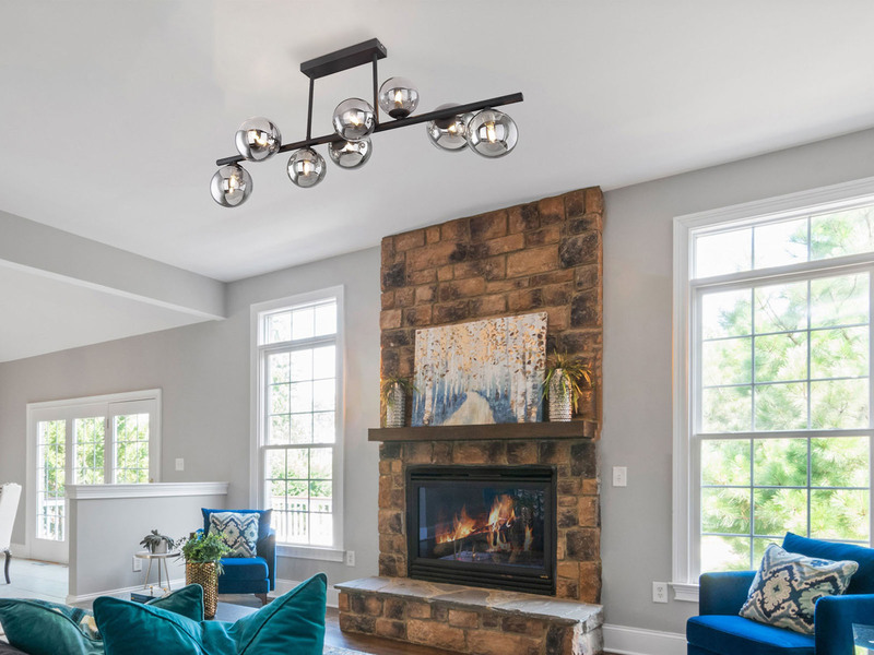 Große Deckenleuchte RIHA Schwarz 9-flammig mit Glaskugeln Rauchglas, B: 87cm