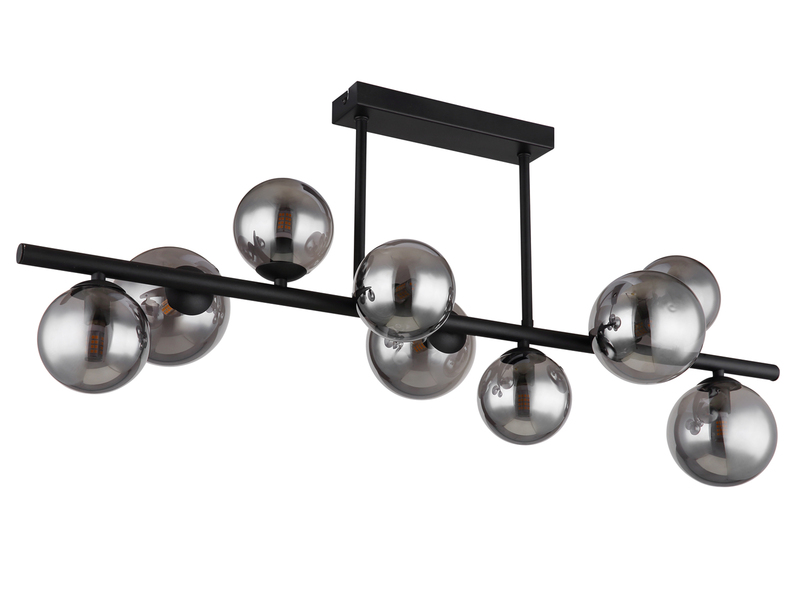 Große Deckenleuchte RIHA Schwarz 9-flammig mit Glaskugeln Rauchglas, B: 87cm