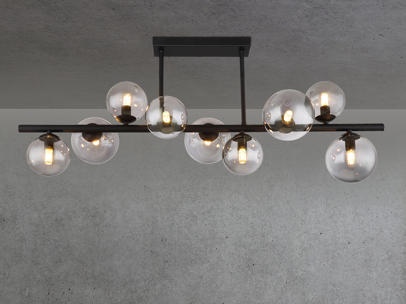 Große Deckenleuchte RIHA Schwarz 9-flammig mit Glaskugeln Rauchglas, B: 87cm