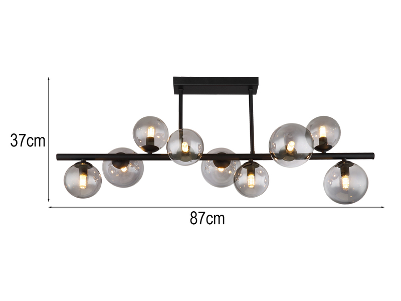 Große Deckenleuchte RIHA Schwarz 9-flammig mit Glaskugeln Rauchglas, B: 87cm