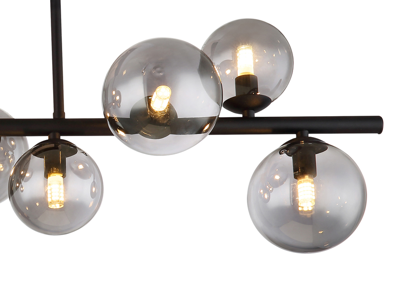 Große Deckenleuchte RIHA Schwarz 9-flammig mit Glaskugeln Rauchglas, B: 87cm