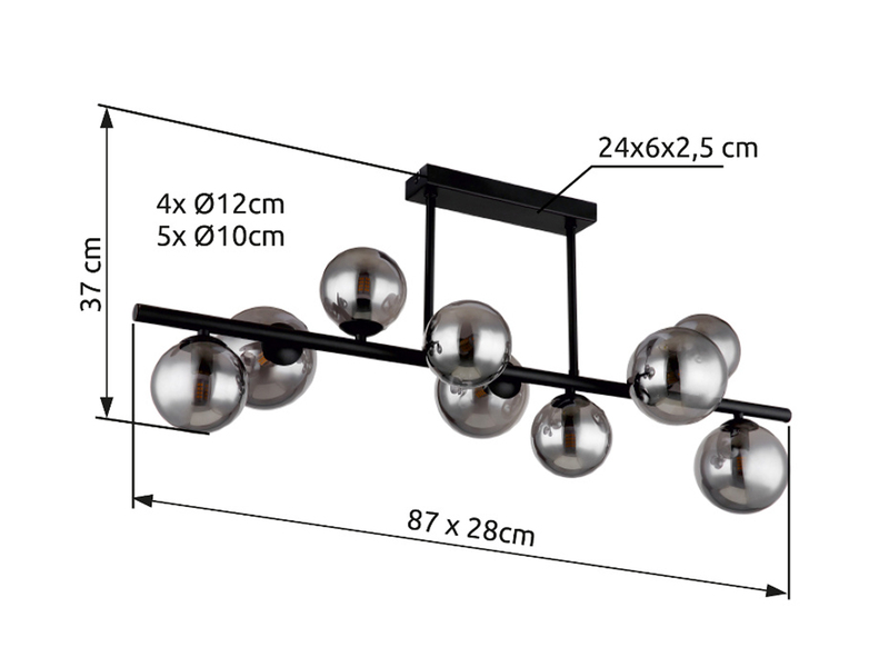 Große Deckenleuchte RIHA Schwarz 9-flammig mit Glaskugeln Rauchglas, B: 87cm