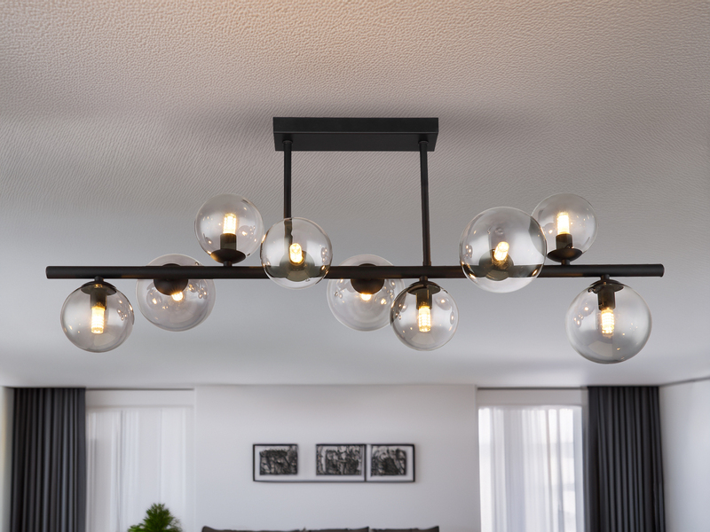 Große Deckenleuchte RIHA Schwarz 9-flammig mit Glaskugeln Rauchglas, B: 87cm