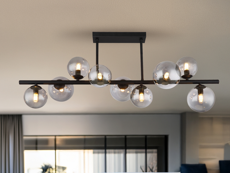 Große Deckenleuchte RIHA Schwarz 9-flammig mit Glaskugeln Rauchglas, B: 87cm