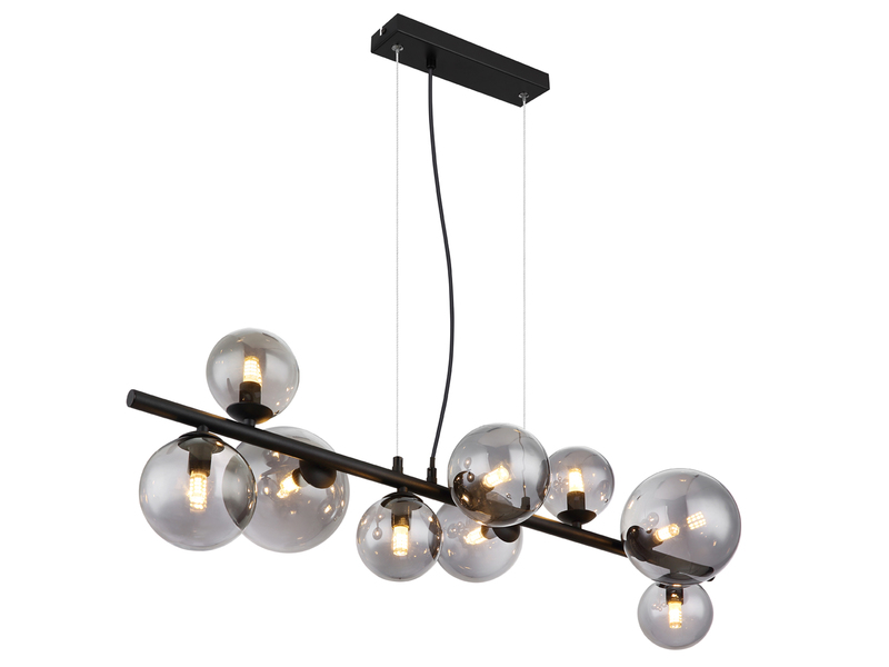 Pendelleuchte RIHA Schwarz 9-flammig mit Glaskugeln Rauchglas, Breite 87cm