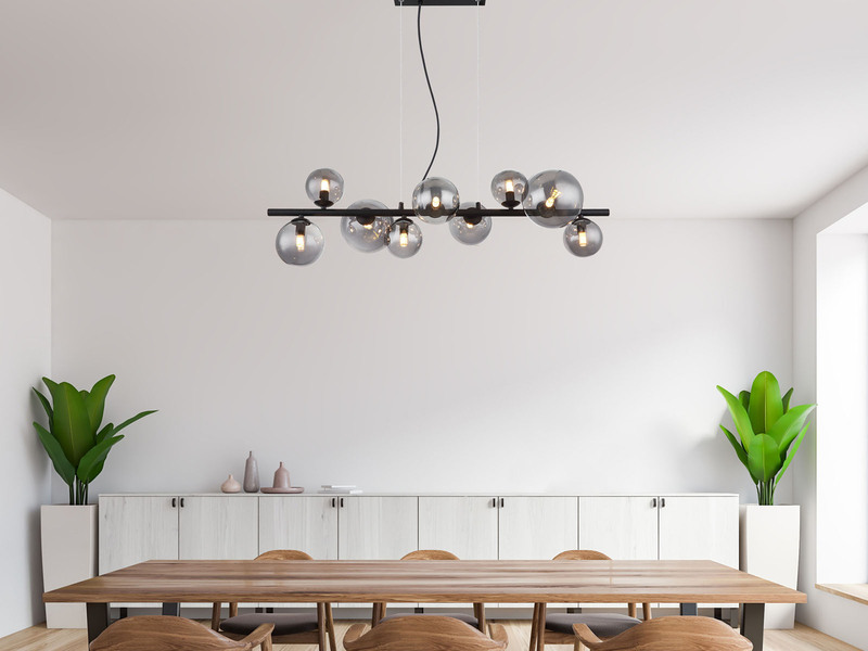 Pendelleuchte RIHA Schwarz 9-flammig mit Glaskugeln Rauchglas, Breite 87cm