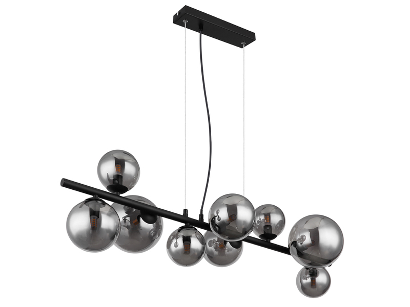 Pendelleuchte RIHA Schwarz 9-flammig mit Glaskugeln Rauchglas, Breite 87cm