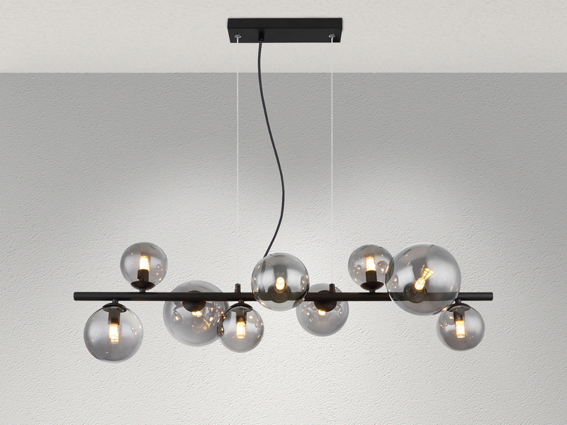Pendelleuchte RIHA Schwarz 9-flammig mit Glaskugeln Rauchglas, Breite 87cm