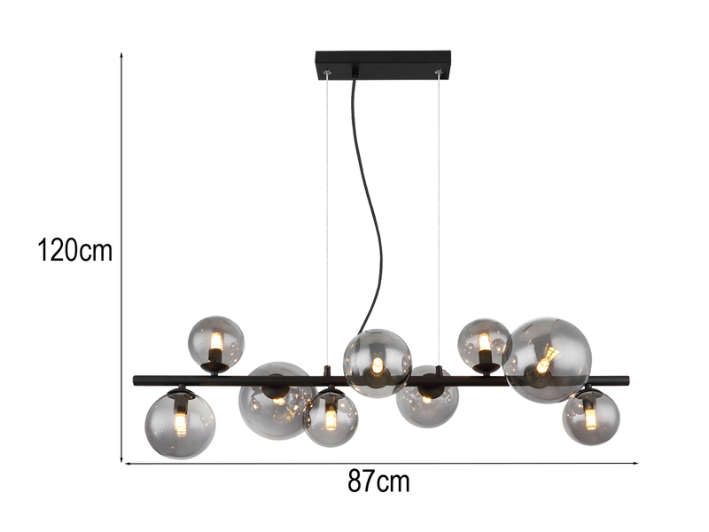 Pendelleuchte RIHA Schwarz 9-flammig mit Glaskugeln Rauchglas, Breite 87cm