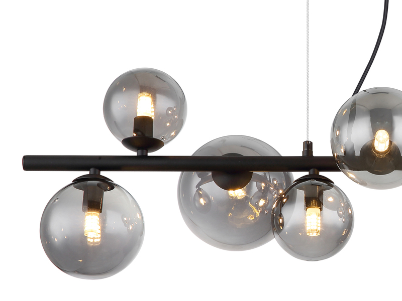 Pendelleuchte RIHA Schwarz 9-flammig mit Glaskugeln Rauchglas, Breite 87cm