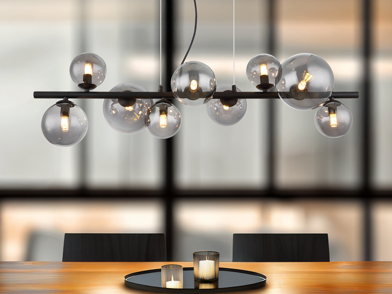 Pendelleuchte RIHA Schwarz 9-flammig mit Glaskugeln Rauchglas, Breite 87cm