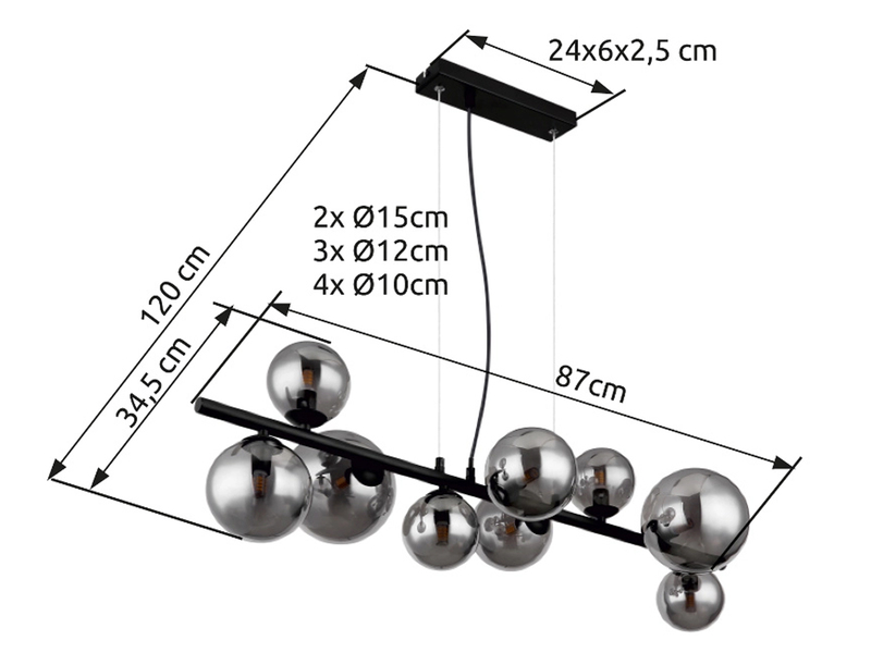 Pendelleuchte RIHA Schwarz 9-flammig mit Glaskugeln Rauchglas, Breite 87cm