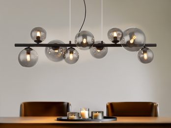 Pendelleuchte RIHA Schwarz 9-flammig mit Glaskugeln Rauchglas, Breite 87cm