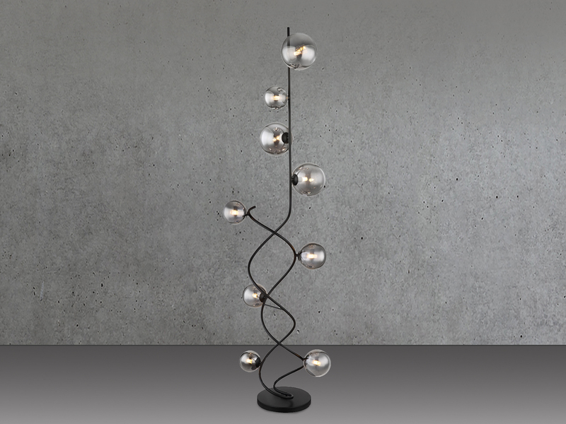Stehleuchte RIHA Schwarz 9-flammig mit Glaskugeln Rauchglas, Höhe 162cm