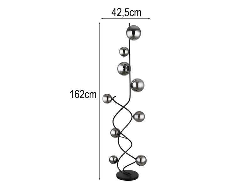 Stehleuchte RIHA Schwarz 9-flammig mit Glaskugeln Rauchglas, Höhe 162cm