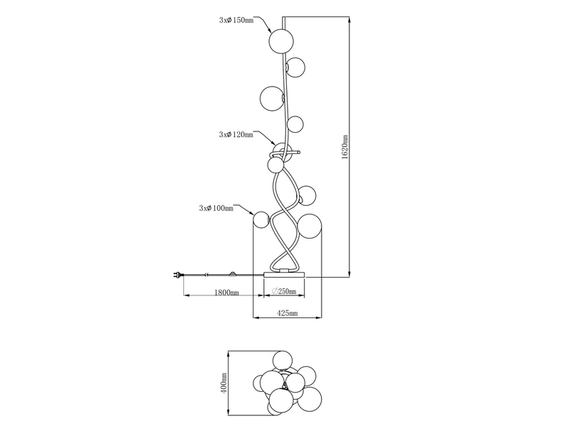 Stehleuchte RIHA Schwarz 9-flammig mit Glaskugeln Rauchglas, Höhe 162cm