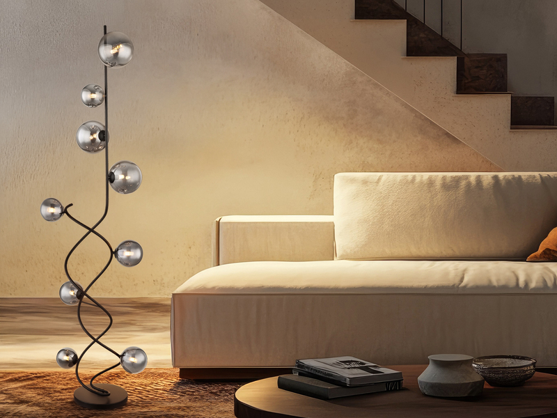 Stehleuchte RIHA Schwarz 9-flammig mit Glaskugeln Rauchglas, Höhe 162cm