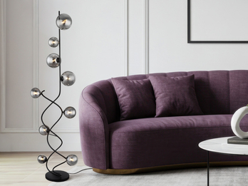 Stehleuchte RIHA Schwarz 9-flammig mit Glaskugeln Rauchglas, Höhe 162cm