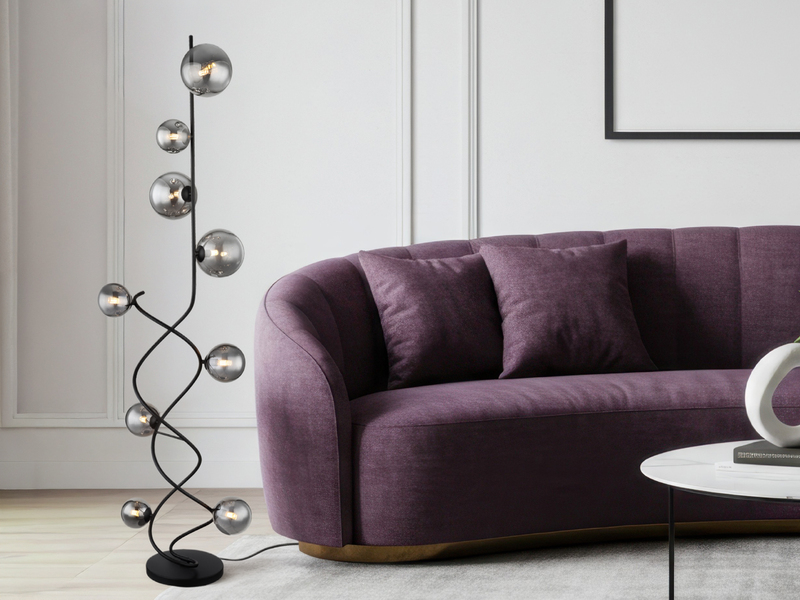 Stehleuchte RIHA Schwarz 9-flammig mit Glaskugeln Rauchglas, Höhe 162cm