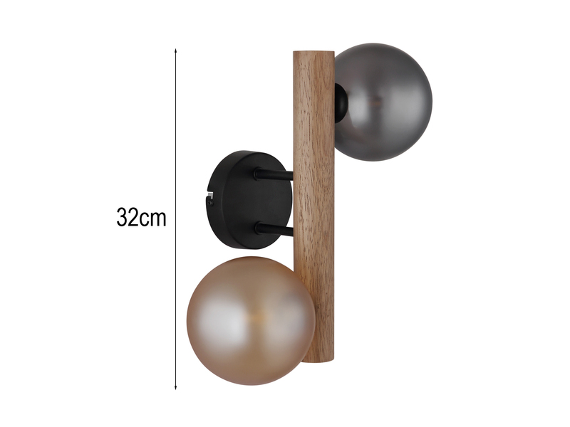 Wandleuchte RIHA aus Holz 2-flammig Glaskugeln Rauchglas & Bernstein, Höhe 32cm