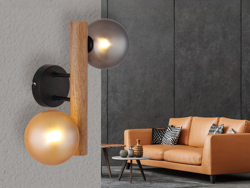 Wandleuchte RIHA aus Holz 2-flammig Glaskugeln Rauchglas & Bernstein, Höhe 32cm