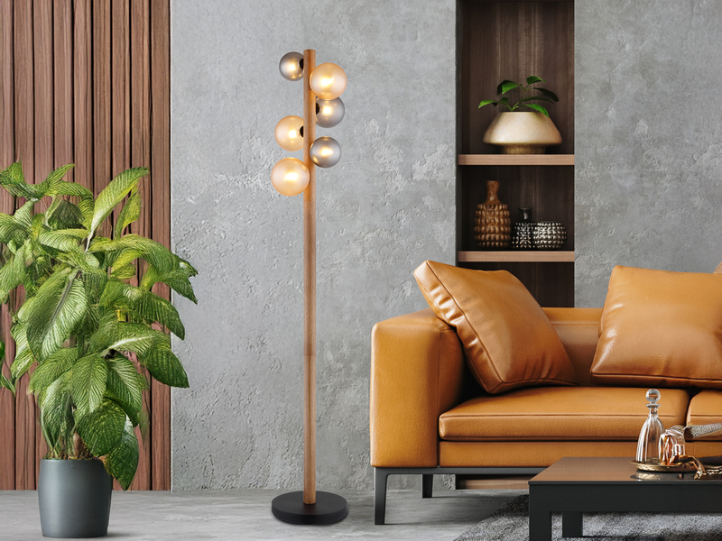 Stehleuchte RIHA aus Holz 6-flammig Glaskugeln Rauchglas & Bernstein, H: 150cm