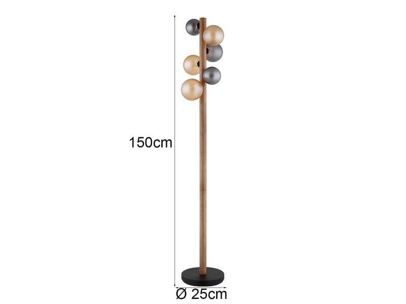 Stehleuchte RIHA aus Holz 6-flammig Glaskugeln Rauchglas & Bernstein, H: 150cm
