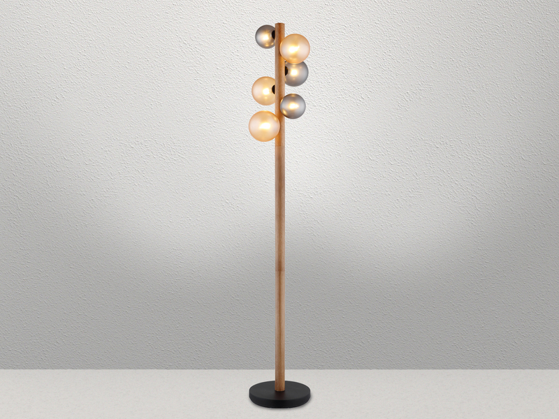 Stehleuchte RIHA aus Holz 6-flammig Glaskugeln Rauchglas & Bernstein, H: 150cm