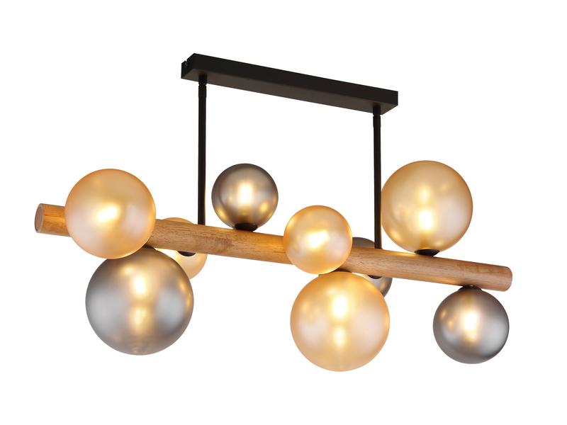 Deckenleuchte RIHA aus Holz 9-flammig Glaskugeln Rauchglas & Bernstein, B: 78cm