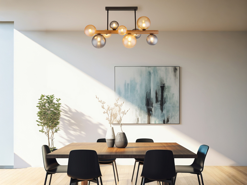 Deckenleuchte RIHA aus Holz 9-flammig Glaskugeln Rauchglas & Bernstein, B: 78cm