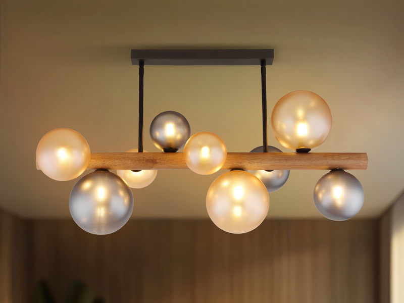 Deckenleuchte RIHA aus Holz 9-flammig Glaskugeln Rauchglas & Bernstein, B: 78cm