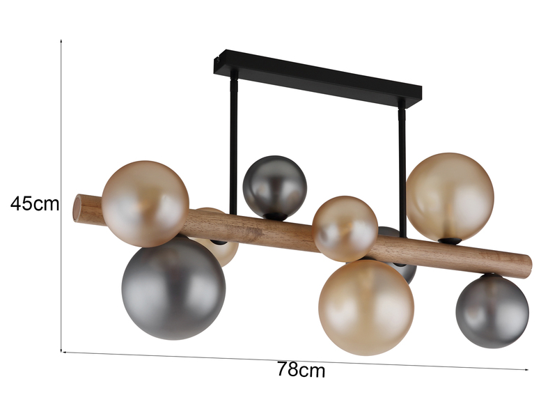 Deckenleuchte RIHA aus Holz 9-flammig Glaskugeln Rauchglas & Bernstein, B: 78cm